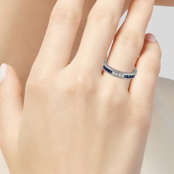 PLATINUM SAPPHIRE & DIAMOND ETERNITY BAND RING - Picture 8 of 8